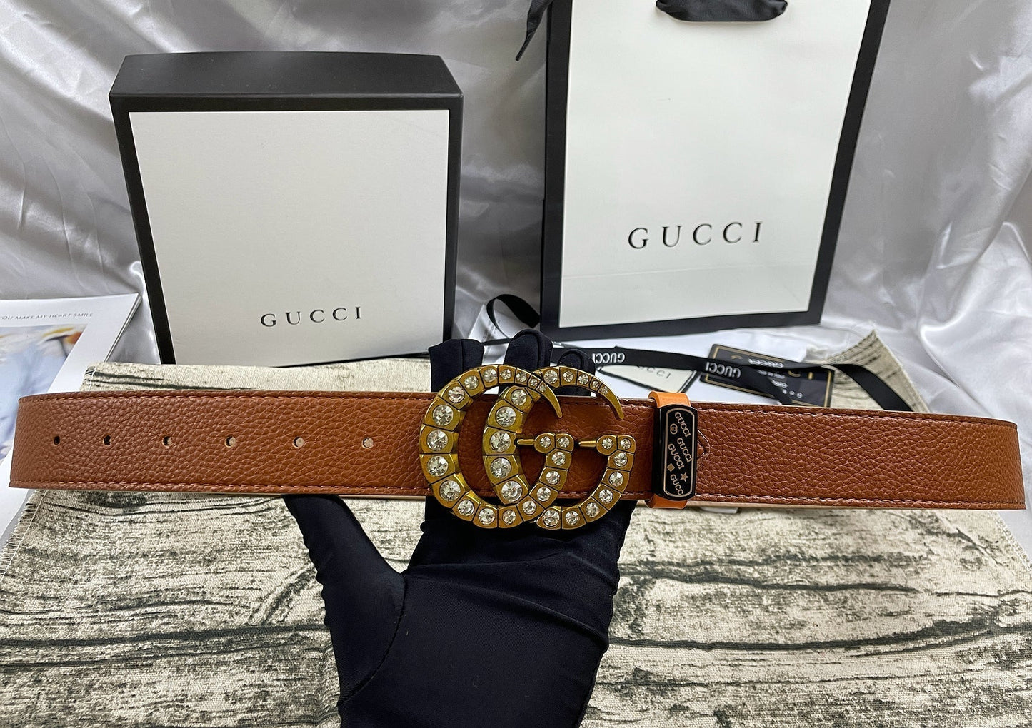 2025 4 Colors double-G rhinestone double-sided lychee pattern belt