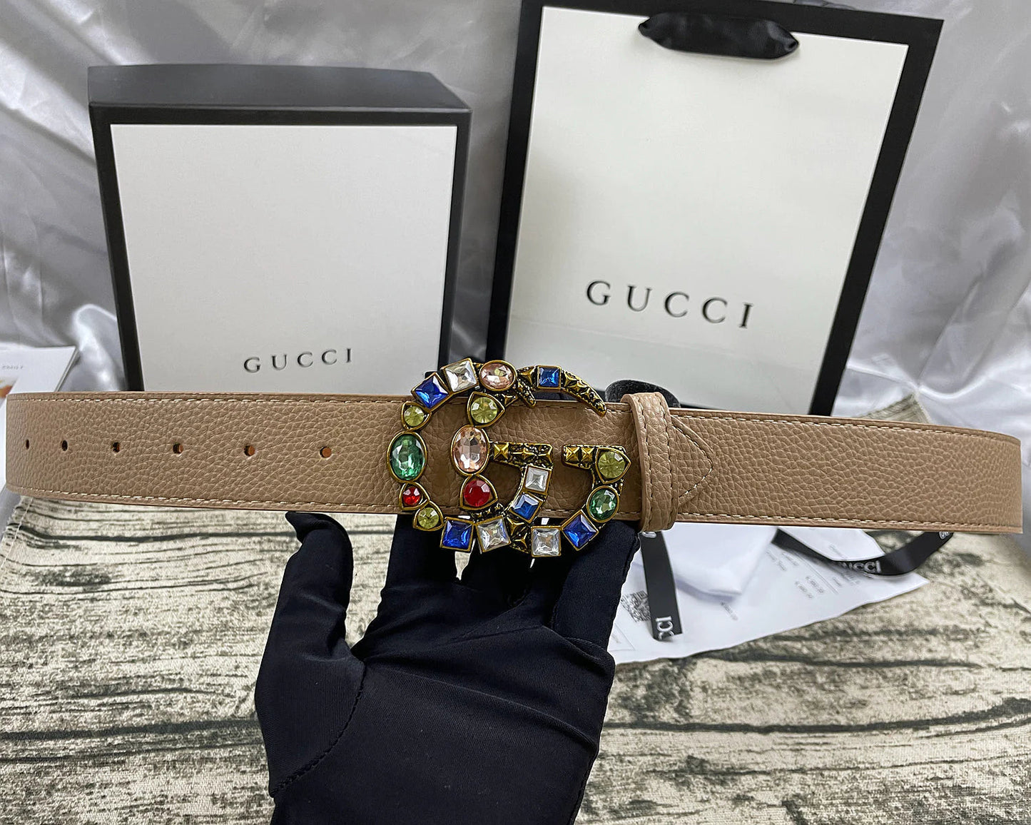 2025 4 Colors double G seven-color rhinestone double-sided lychee pattern belt