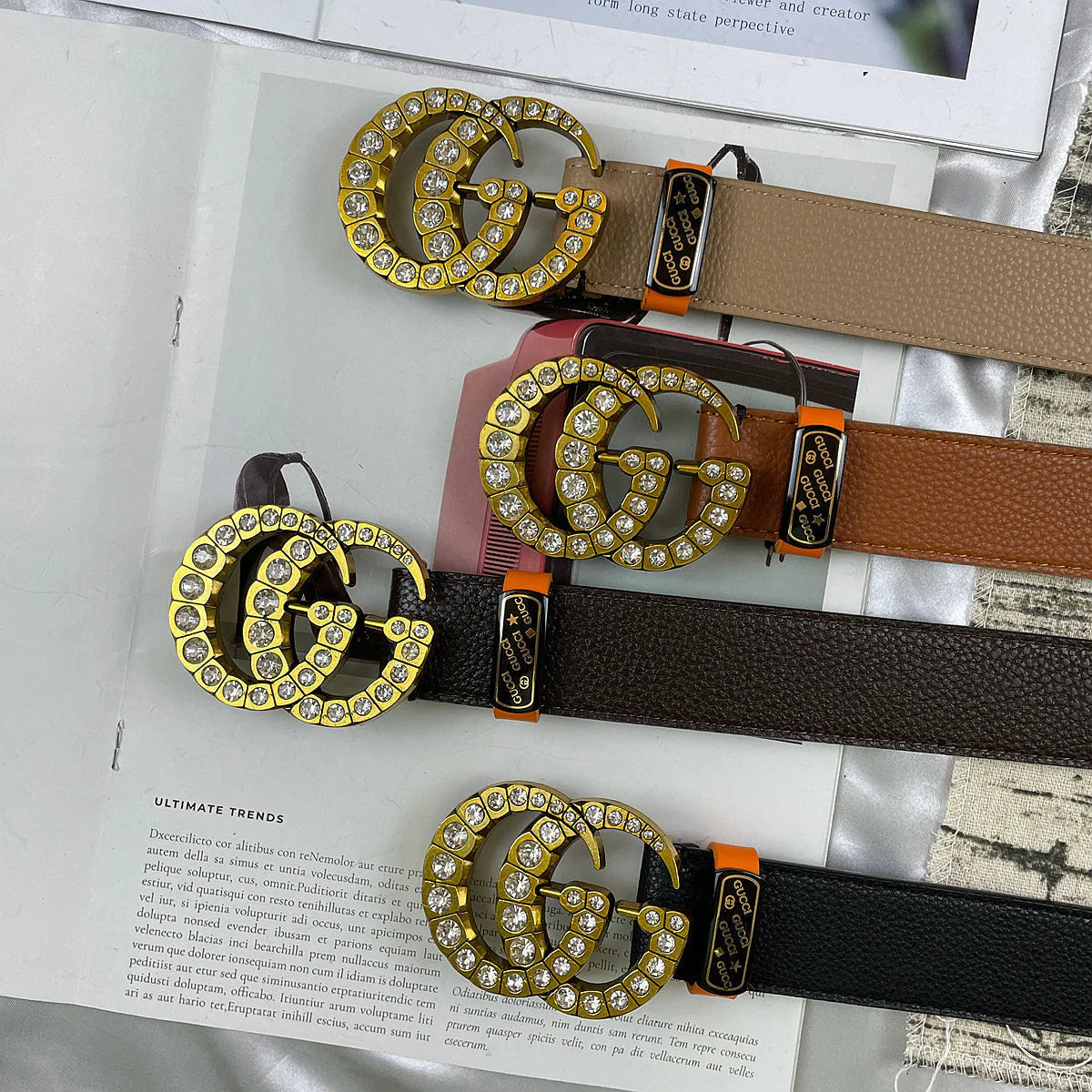 2025 4 Colors double-G rhinestone double-sided lychee pattern belt