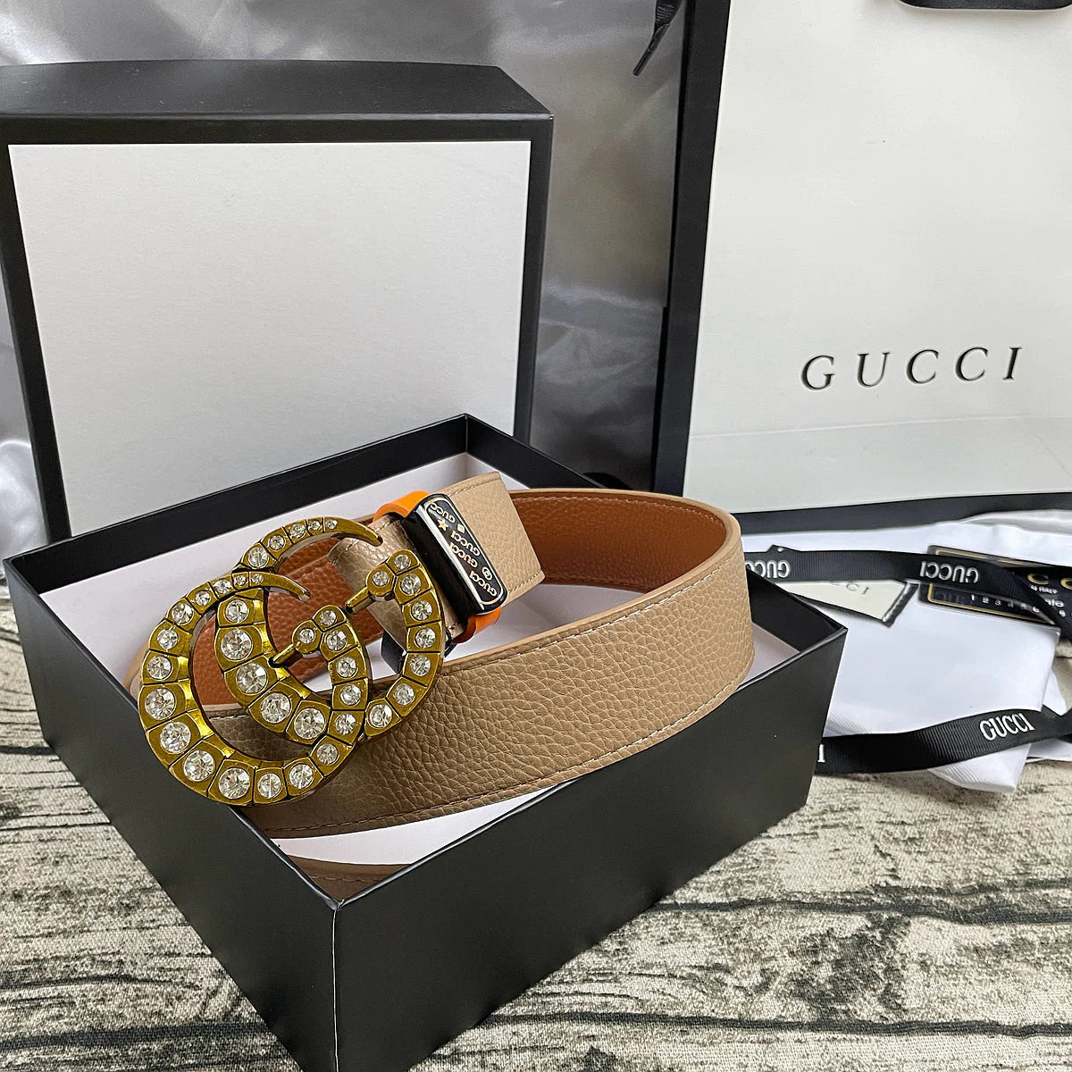 2025 4 Colors double-G rhinestone double-sided lychee pattern belt