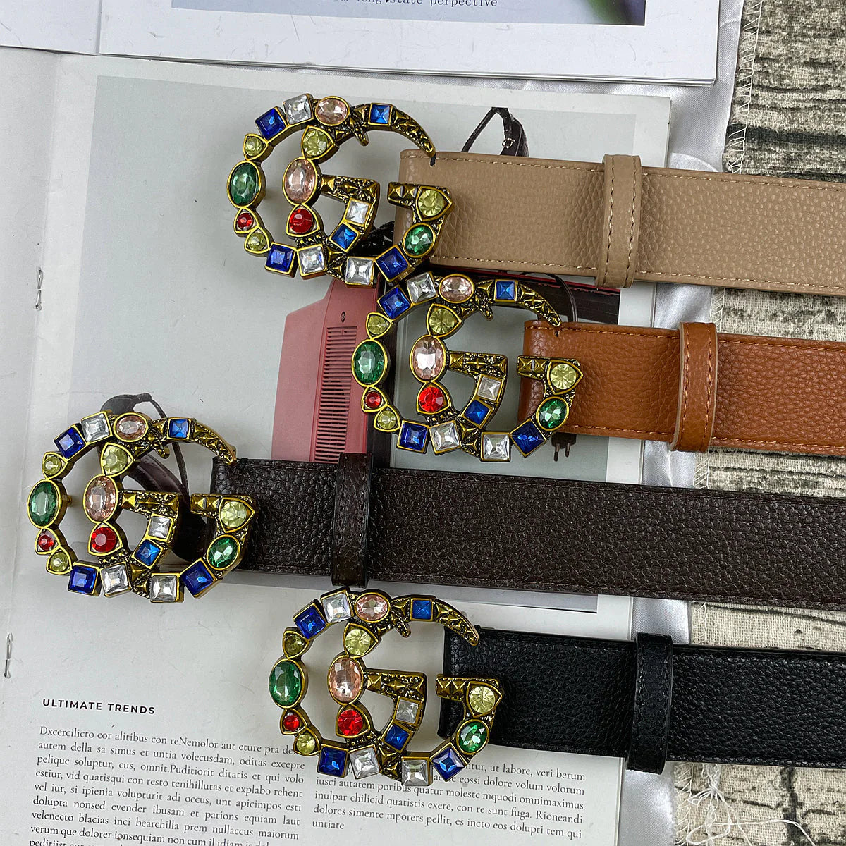 2025 4 Colors double G seven-color rhinestone double-sided lychee pattern belt