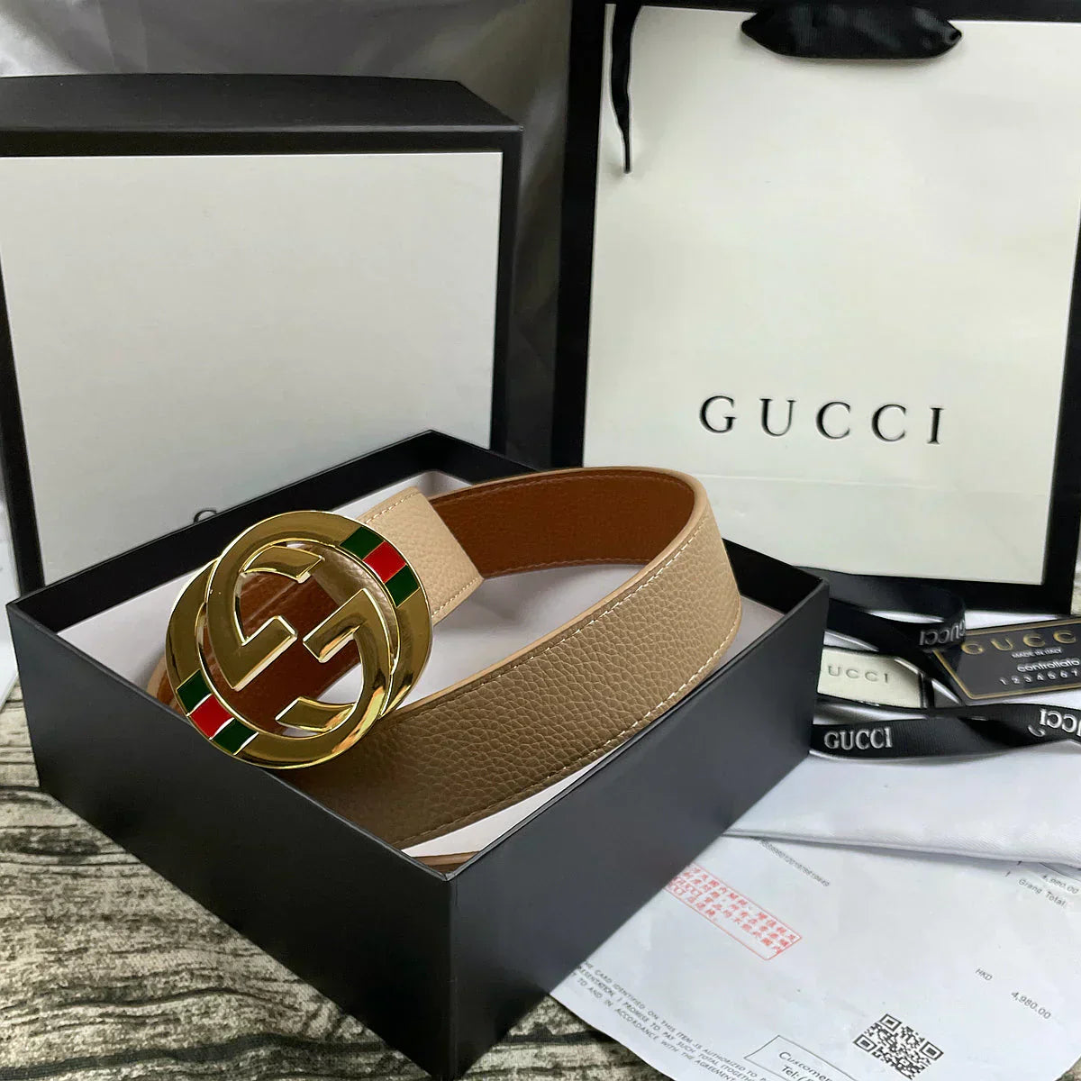 2025 4 Colors double-G three-layer lychee pattern double-sided belt