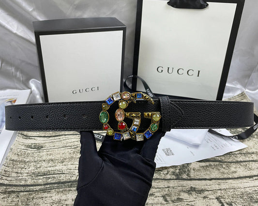 2025 4 Colors  double G seven-color rhinestone double-sided lychee pattern belt